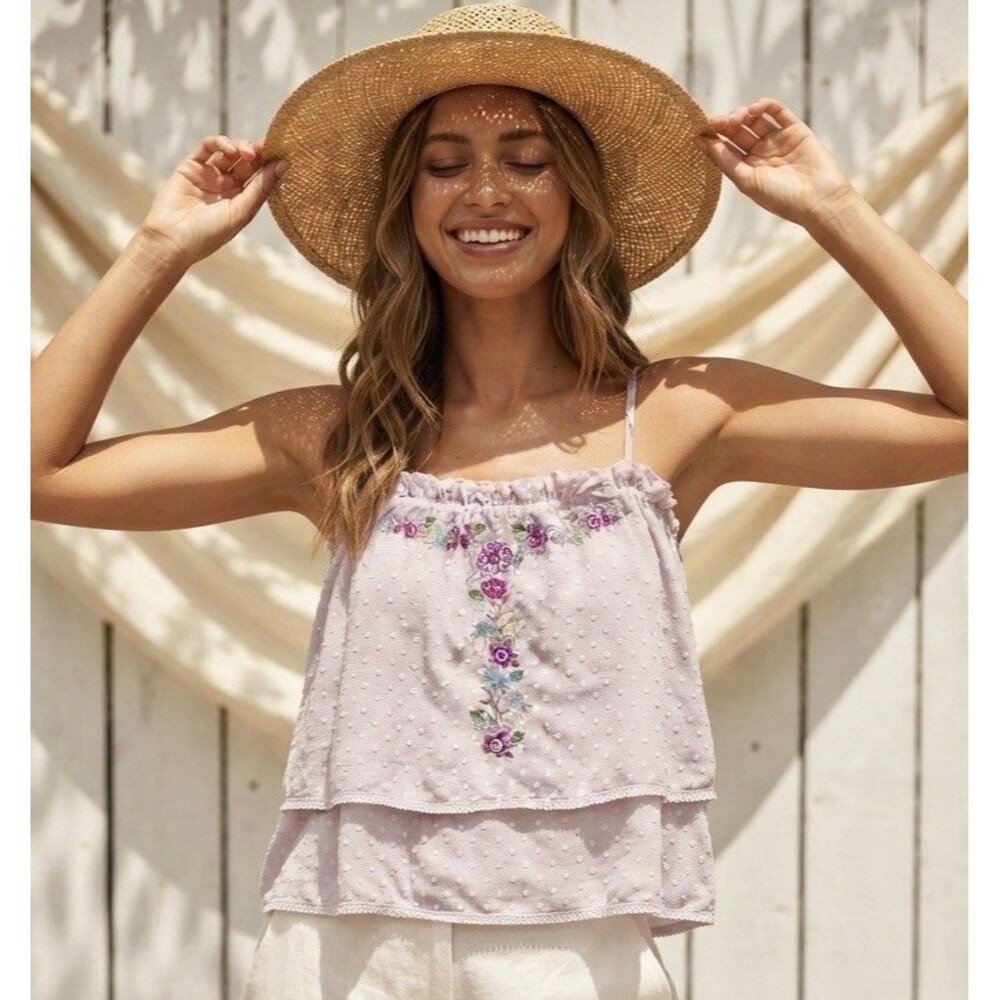 POL Tiered Camisole Women’s L Pink Swiss Dot Embroidered Floral Babydoll Top